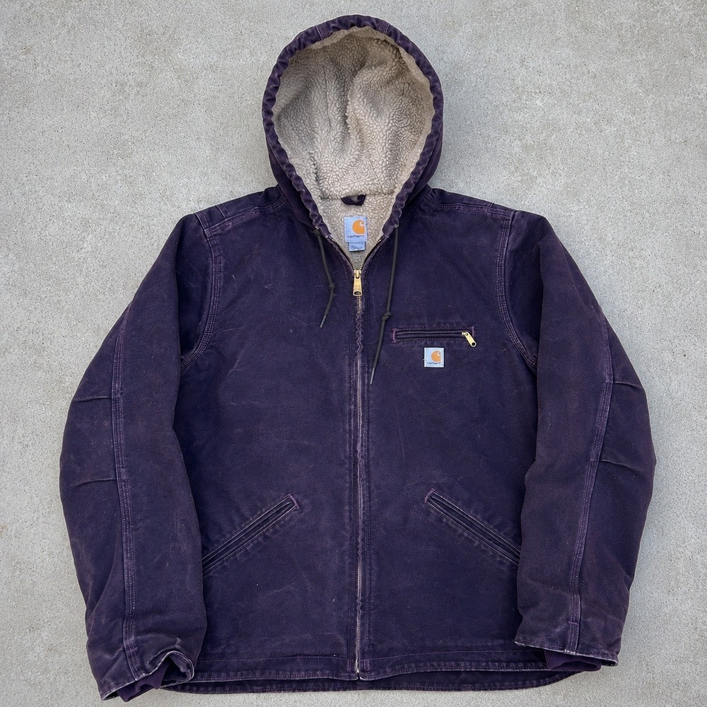 Carhartt Women's Large 12/14 Purple Sherpa Lined Hooded Canvas Jacket Vintage
